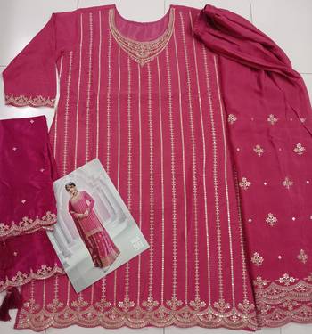 Dark pink chinon heavy embroidery wedding palazzo suits 3