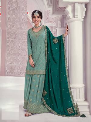 Dark green chinon heavy embroidery wedding palazzo suits 1