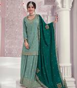 Dark green chinon heavy embroidery wedding palazzo suits