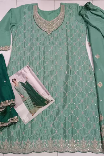 Dark green chinon heavy embroidery wedding palazzo suits