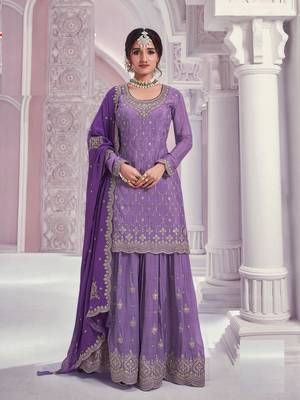 Purple chinon heavy embroidery wedding palazzo suits 1