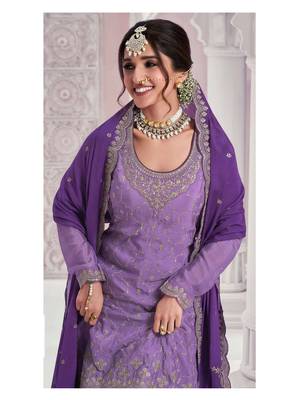 Purple chinon heavy embroidery wedding palazzo suits 2