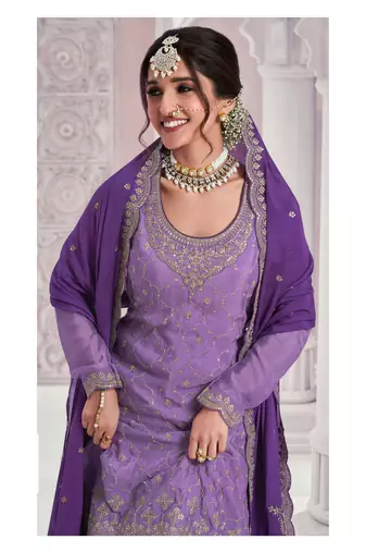 Purple chinon heavy embroidery wedding palazzo suits