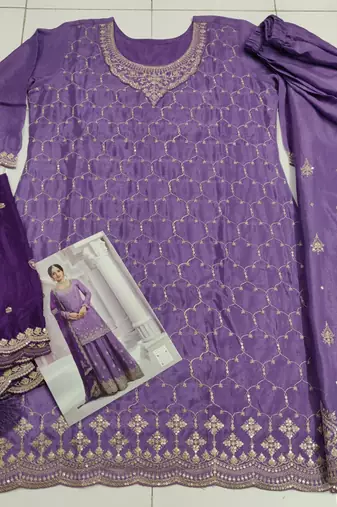 Purple chinon heavy embroidery wedding palazzo suits