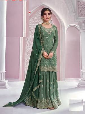 Dark green chinon heavy embroidery free size stitched upto 42 wedding palazzo suits 1