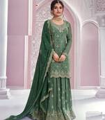 Dark green chinon heavy embroidery free size stitched upto 42 wedding palazzo suits