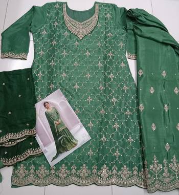 Dark green chinon heavy embroidery free size stitched upto 42 wedding palazzo suits 2