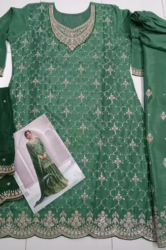 Dark green chinon heavy embroidery free size stitched upto 42 wedding palazzo suits