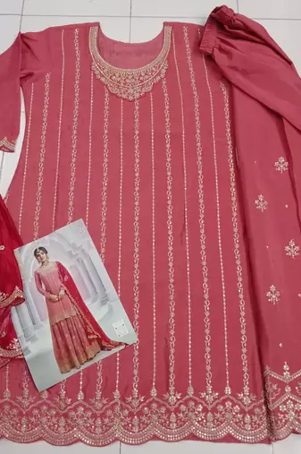 Light  pink chinon heavy embroidery  wedding palazzo suits