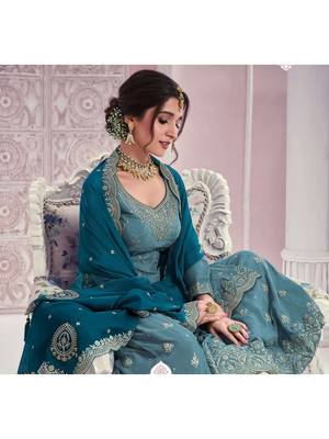 Light blue chinon heavy embroidery wedding palazzo suits 1
