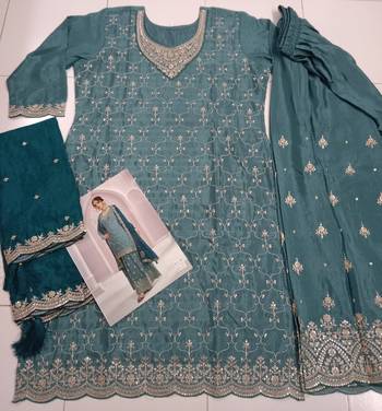 Light blue chinon heavy embroidery wedding palazzo suits 2