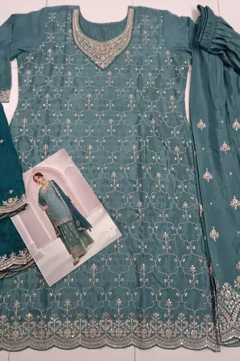 Light blue chinon heavy embroidery wedding palazzo suits