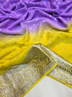 Yellow-Purple Color 2D Viscose Georgette Saree  1