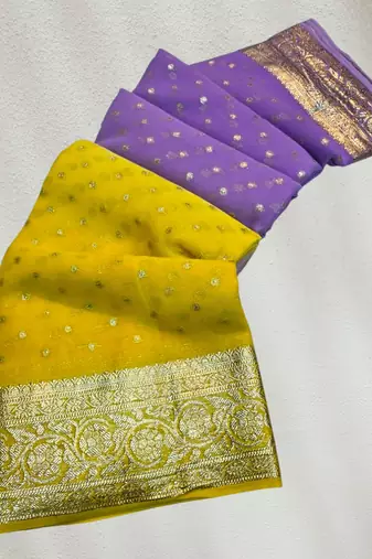Yellow-Purple Color 2D Viscose Georgette Saree 