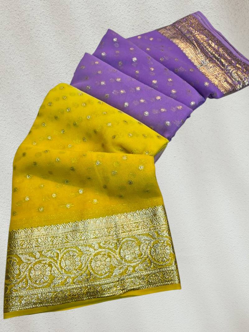 Yellow-Purple Color 2D Viscose Georgette Saree 
