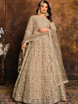 Cream Net Resham Embroidered Wedding Wear Designer Anarkali Semi-Suit 1
