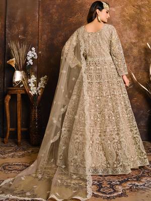 Cream Net Resham Embroidered Wedding Wear Designer Anarkali Semi-Suit 2