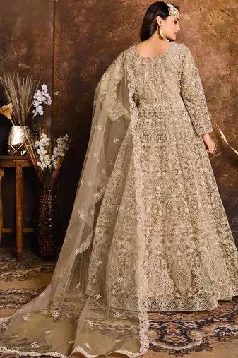 Cream Net Resham Embroidered Wedding Wear Designer Anarkali Semi-Suit