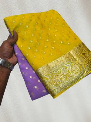 Yellow-Purple Color 2D Viscose Georgette Saree  3