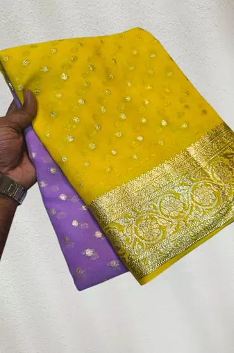 Yellow-Purple Color 2D Viscose Georgette Saree 