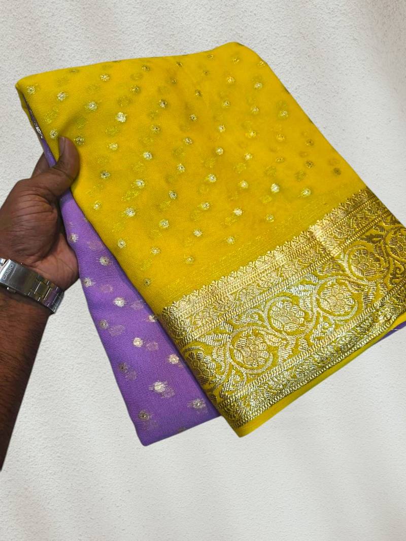 Yellow-Purple Color 2D Viscose Georgette Saree 