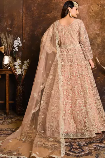 Peach Net Anarkali Suit for Wedding