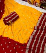 Yellow-Maroon Color 2D Viscose Georgette Weaving Saree