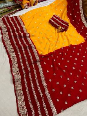 Yellow-Maroon Color 2D Viscose Georgette Weaving Saree 2
