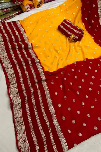 Yellow-Maroon Color 2D Viscose Georgette Weaving Saree