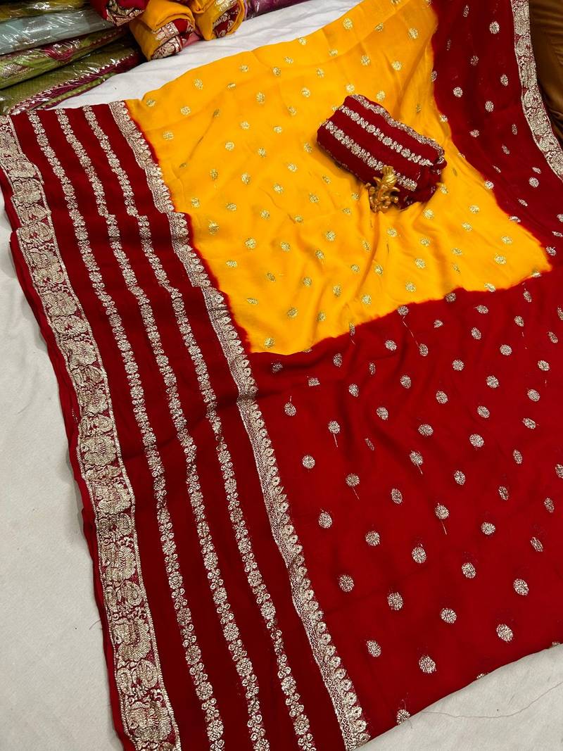 Yellow-Maroon Color 2D Viscose Georgette Weaving Saree