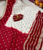 White and Red Durga Puja Saree for Women
