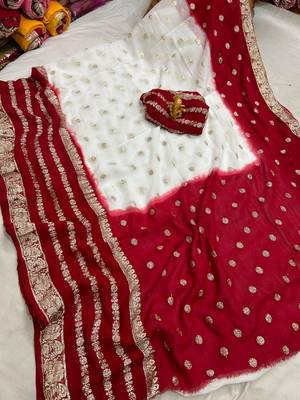 White and Red Durga Puja Saree for Women 2