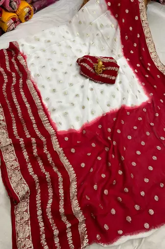 White and Red Durga Puja Saree for Women