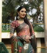 Peach Dola Silk Kalamkari & Ajrakh Digital Print Saree