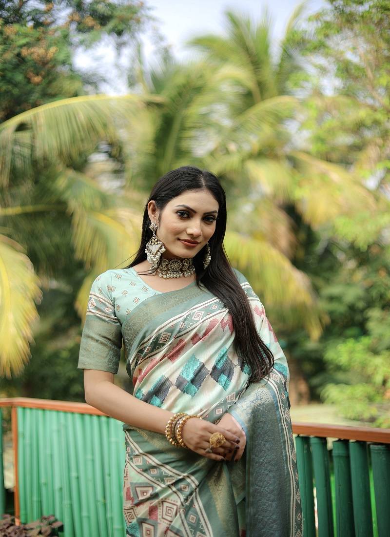 Green Dola Silk Kalamkari & Ajrakh Digital Print Saree