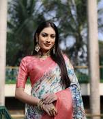 Off-White Dola Silk Kalamkari & Ajrakh Digital Print Saree