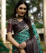 Teal Dola Silk Kalamkari & Ajrakh Digital Print Saree