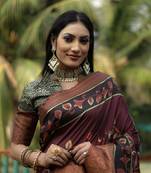 Burgundy Dola Silk Kalamkari & Ajrakh Digital Print Saree