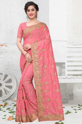 Pink Zari Embroidery Stone Border Silk Saree With Matching Blouse Piece
