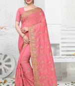Pink Zari Embroidery Stone Border Silk Saree With Matching Blouse Piece