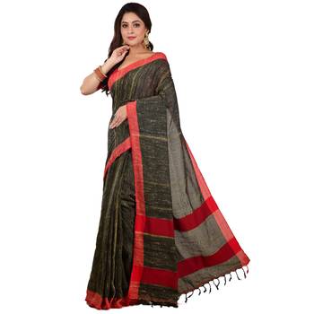 Black & Red Woven Ketia Jute Handloom Saree with blouse 2