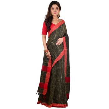 Black & Red Woven Ketia Jute Handloom Saree with blouse 4
