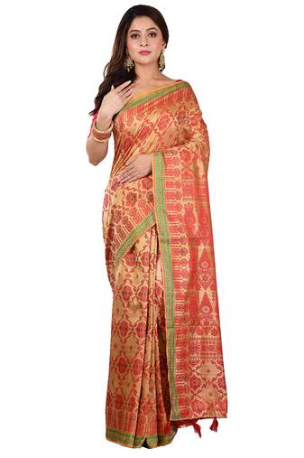Beige & Red Woven Assam art Silk Saree
