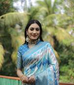 Sky-Blue Dola Silk Abstract Digital Prints With Two Sides Jari Weaving Border Saree