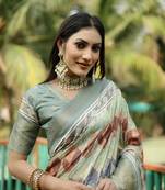 Sea-Green Dola Silk Abstract Digital Prints With Two Sides Jari Weaving Border Saree