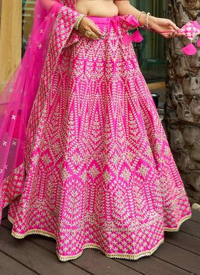 Rani Pink Chapat Zari And Dori Embroidered Malai Satin Silk Indian Wedding Lehenga Dress 5