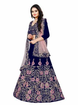 BLUE COLORED DESIGNER PARTYWEAR EMBROIDERED WORK VELVET MATERIAL LEHENGA CHOLI 2