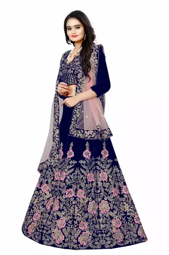 BLUE COLORED DESIGNER PARTYWEAR EMBROIDERED WORK VELVET MATERIAL LEHENGA CHOLI