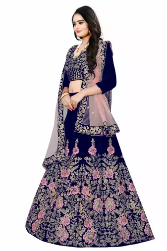 BLUE COLORED DESIGNER PARTYWEAR EMBROIDERED WORK VELVET MATERIAL LEHENGA CHOLI