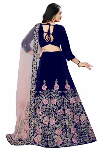 BLUE COLORED DESIGNER PARTYWEAR EMBROIDERED WORK VELVET MATERIAL LEHENGA CHOLI